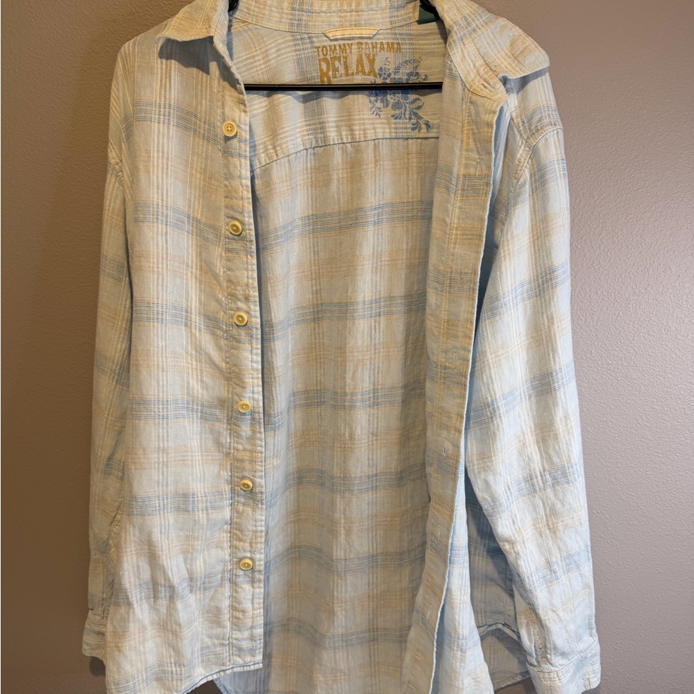 Tommy Bahama Light Blue Plaid Casual Linen Long Sleeve Shirt, Men’s Medium